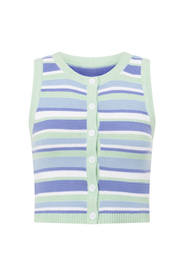 Aero Button Up Knit Stripe Top - Blue, White & Green