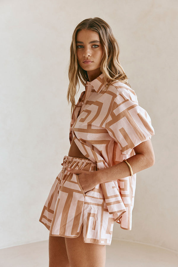 Pink Hellenic Maze Elastic Drawstring Pocket Kira Shorts