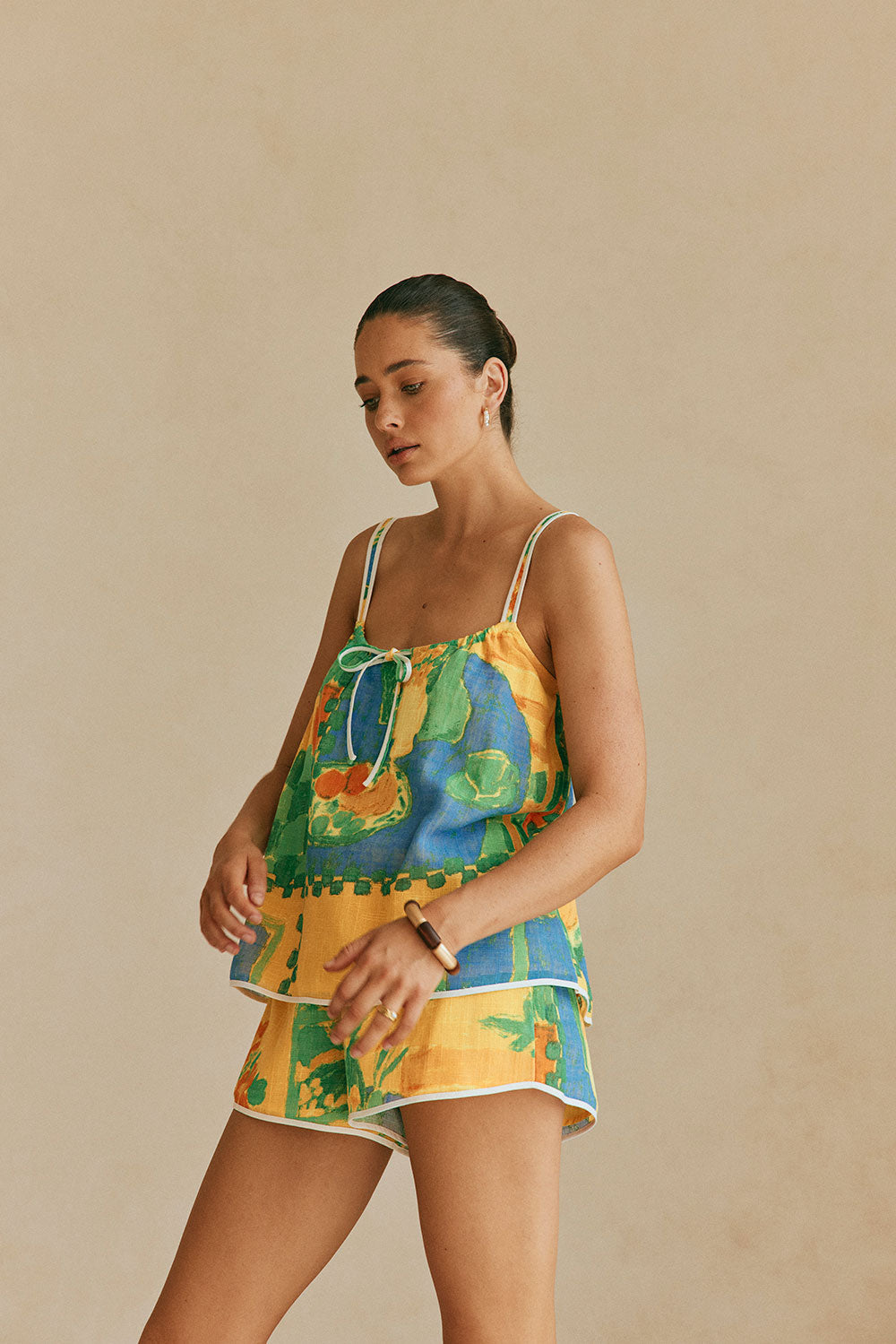 Jetta Front Tie Shorts -Green, Blue & Orange Morning Yellow Print