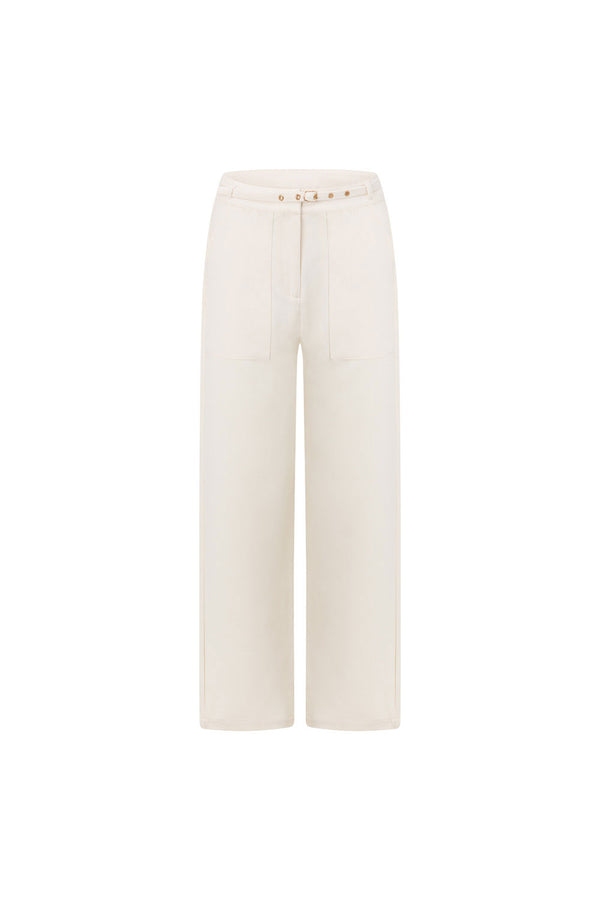 Cream Tailored High Waist Gold Belt Pocket Aila Pants