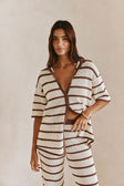 Mia Collared Button Up Short Sleeve Knit Top - Cream, Brown Stripe