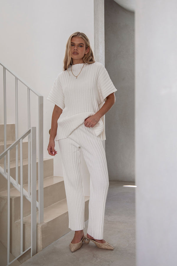 White Ribbed Knit High Waist Elastic Celine Pants
