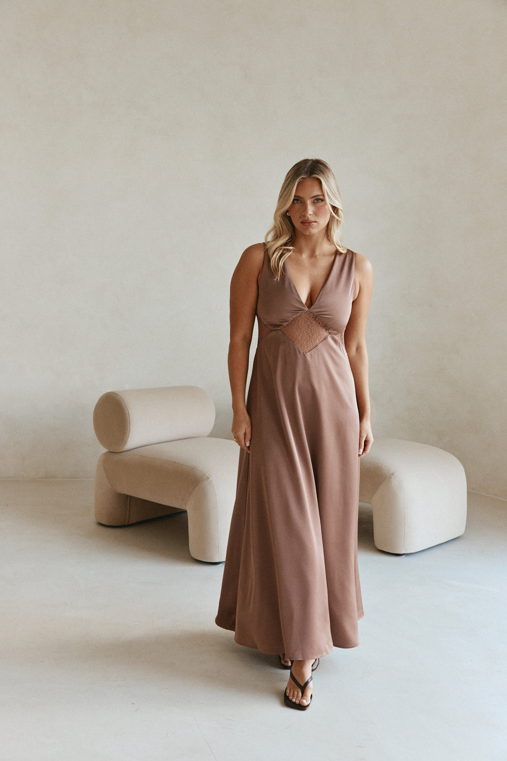 Brown  V Neck Cut Out Lace Maxi Dynasty Dress