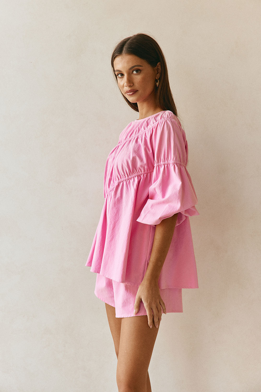 Pink Ruched Puff Sleeve Akel Top