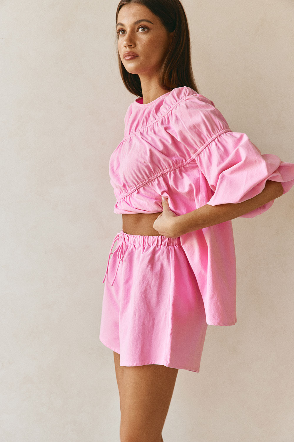 Pink Elastic Drawstring Akel Shorts