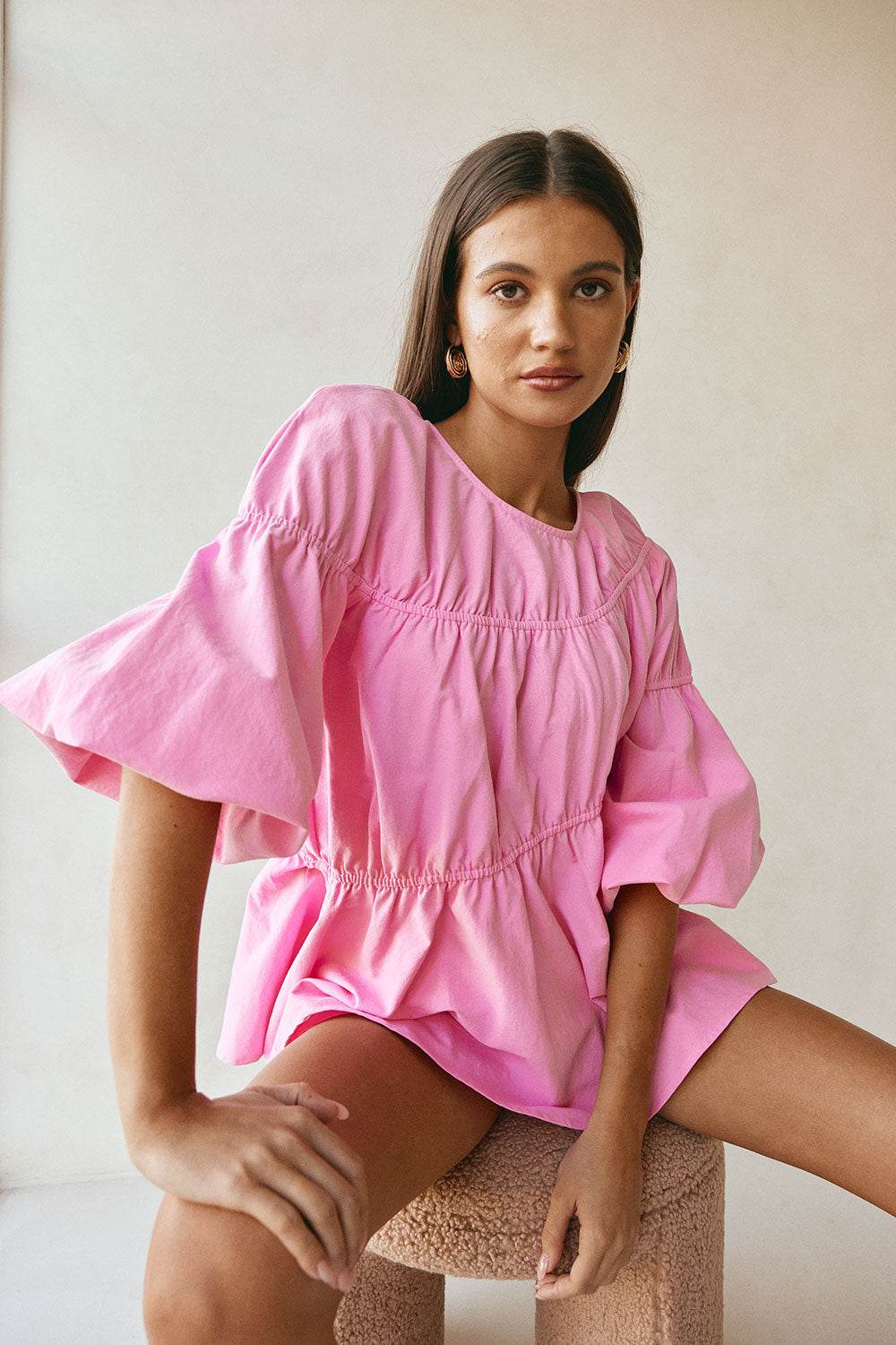 Pink Ruched Puff Sleeve Akel Top