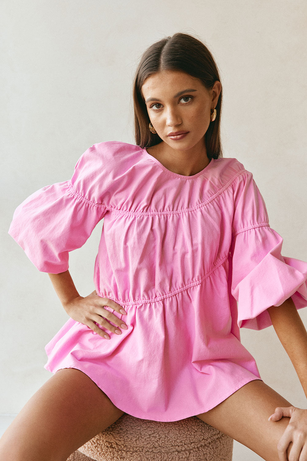 Pink Ruched Puff Sleeve Akel Top