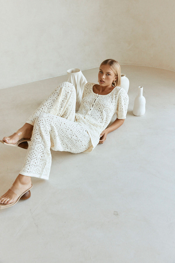 Cream Crochet Knit High Waist Umiko Pants