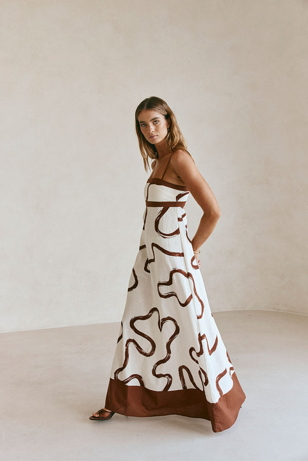 Cream Marbled Mocha Floral Strappy Maxi Addy Dress