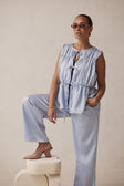 Blue Ruched Panelled Front Tie Juliette Top