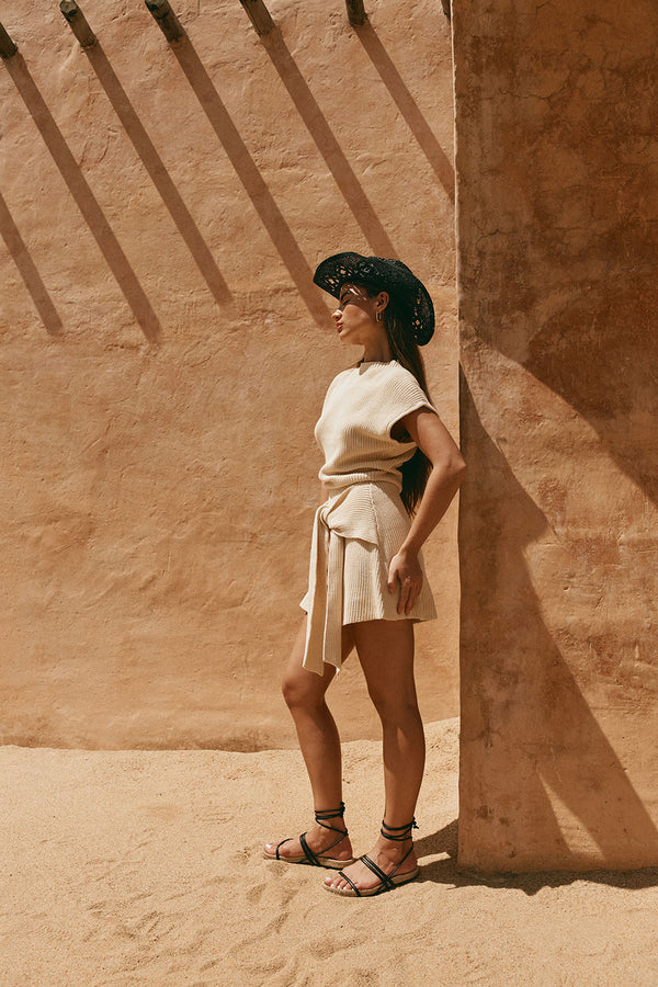 Beige Cotton Knit Draped Mini Lovina Dress