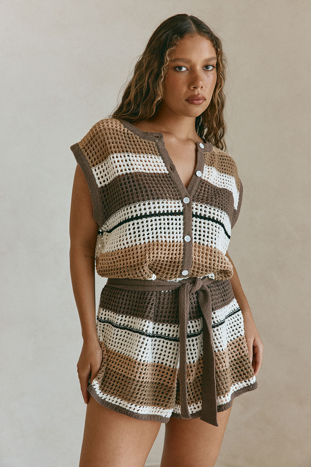 Brown and Cream Stripe Knit Button Up Ember Playsuit