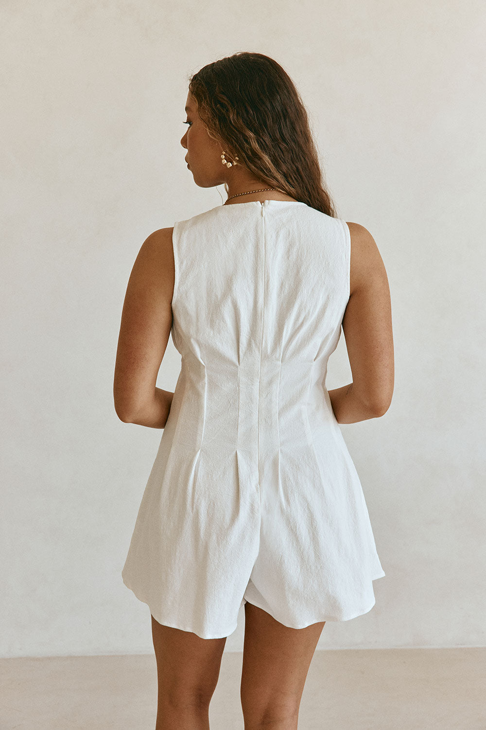 White Pleat Button V Neck Ashli Playsuit