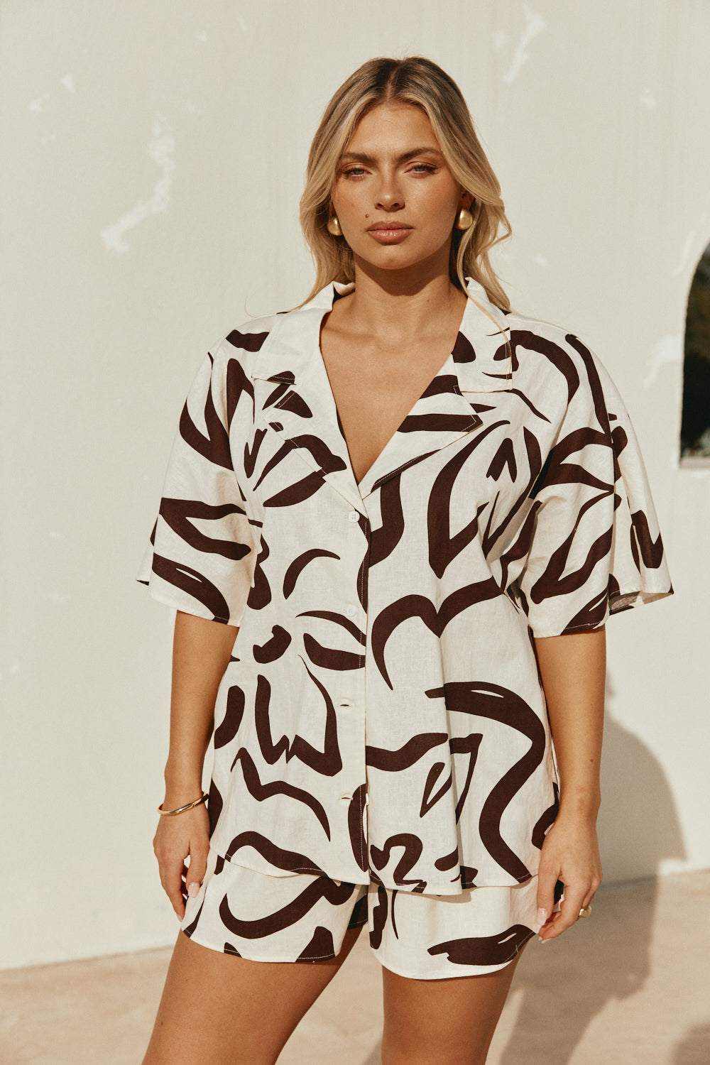 Cream Floral Fleur Lines Print Button Up Seona Top