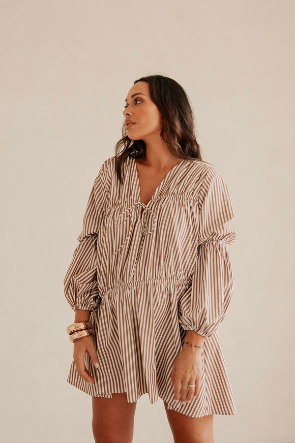 Naloo Long Sleeve Tie Mini Dress - Brown, White Stripe