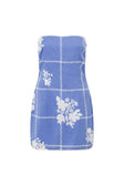 Amira Strapless Mini Dress - Postcard, Blue & White Check Flowers Print