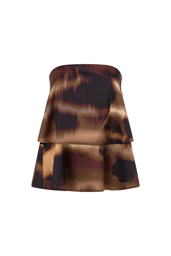 Brown Mirage Bloom Print Satin Strapless Fabi Top