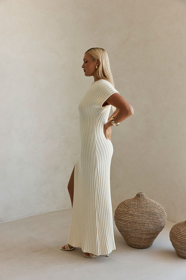 Cream High Neck Short Sleeve Split Maxi Gemini Dress