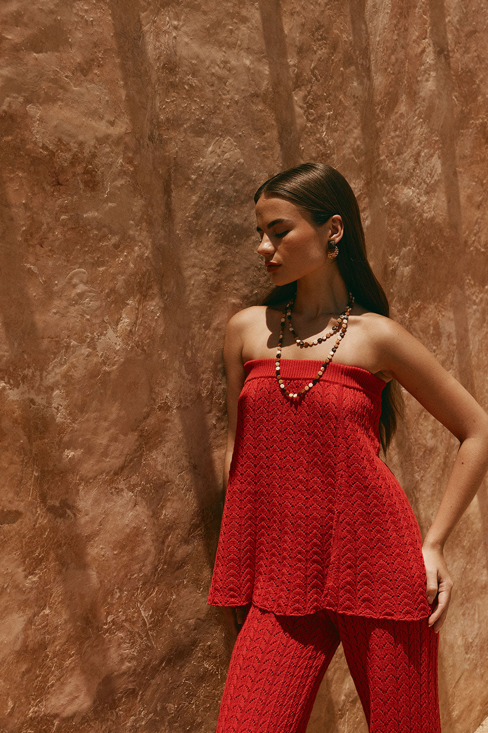 Red Cotton Knit Strapless Athena Top