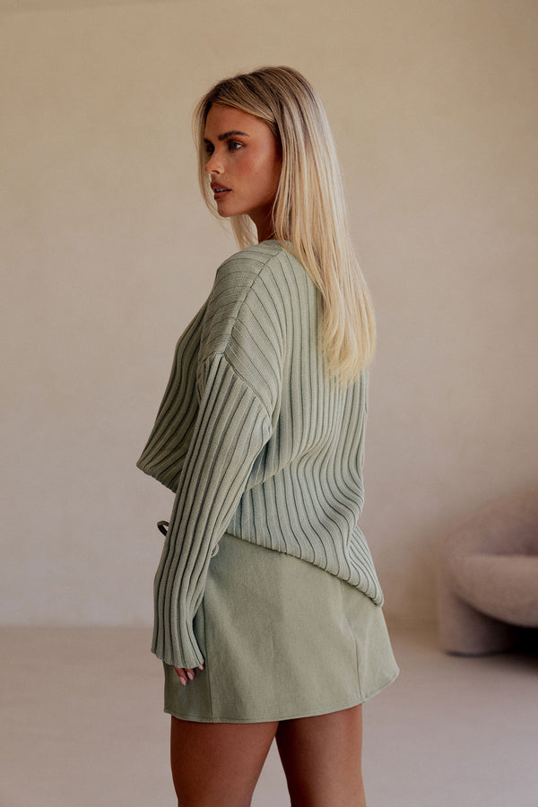 Green Ribbed Knit Sweater Jali Top