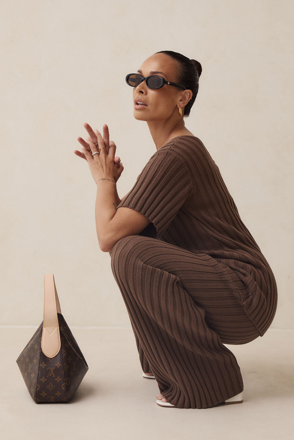 Brown Ribbed Cotton Knit Elastic Neena Pants