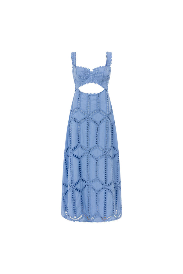 Blue Cotton Cutwork Flouncy Maxi Camilla Dress