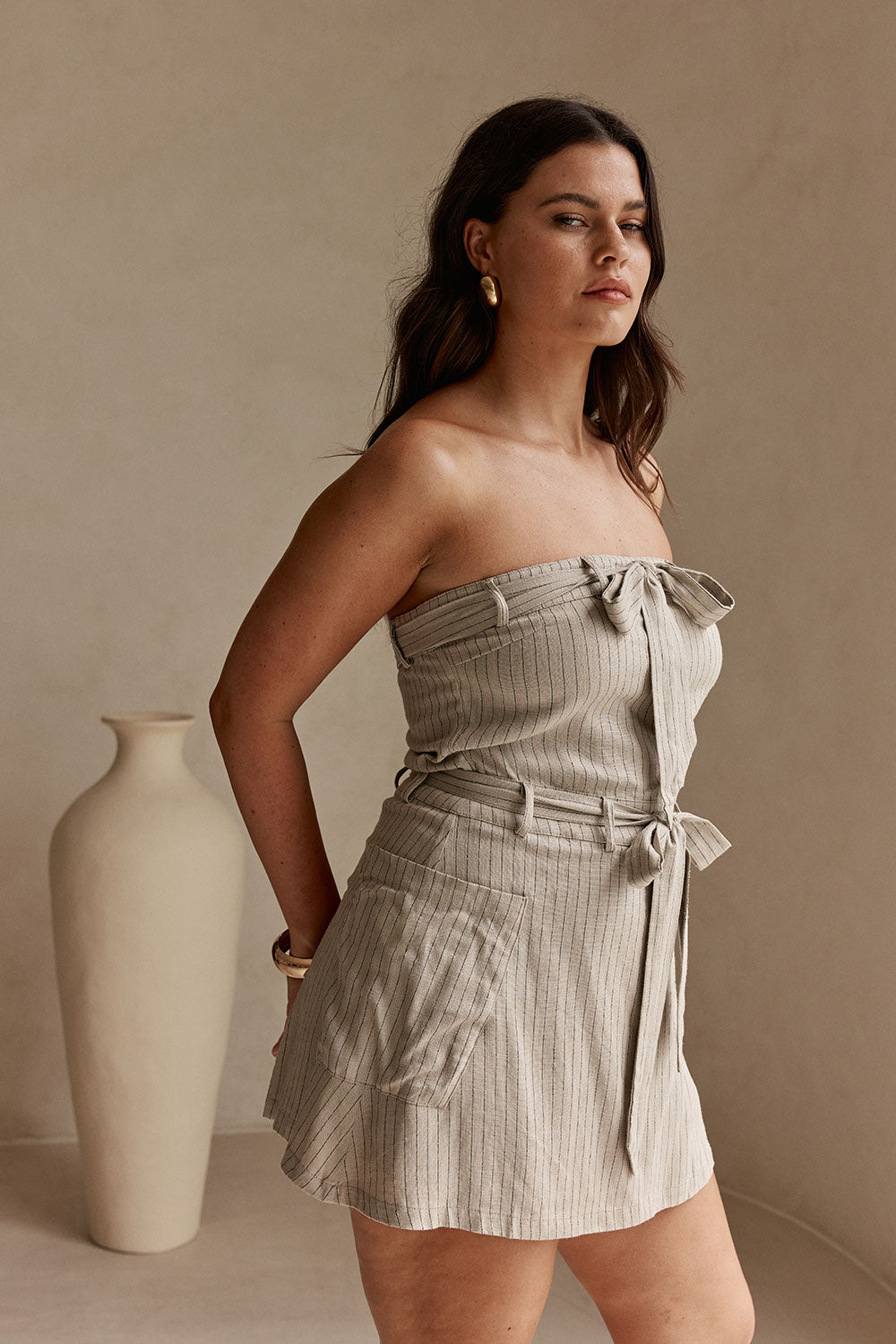 Grey and Black Pinstripe Strapless Bow Mini Tulia Dress