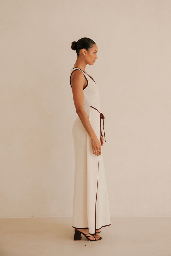 Jazmin V Neckline Tie Maxi Dress - Beige, Brown