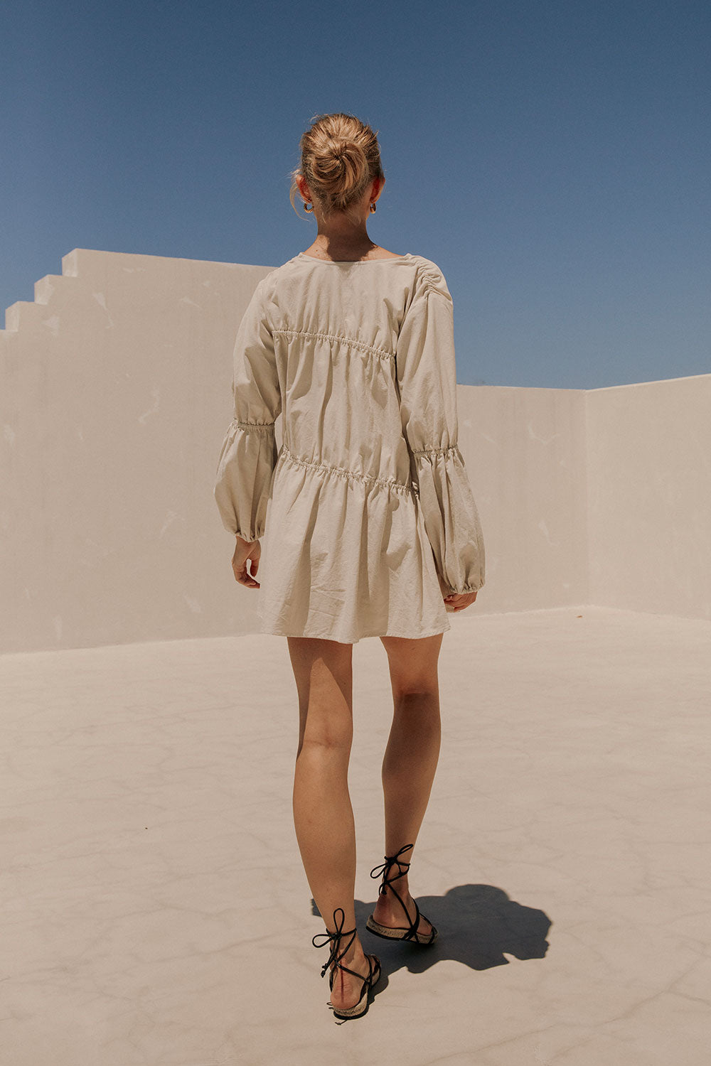 Ava Flounce Long Sleeve Mini Tie Dress - Beige