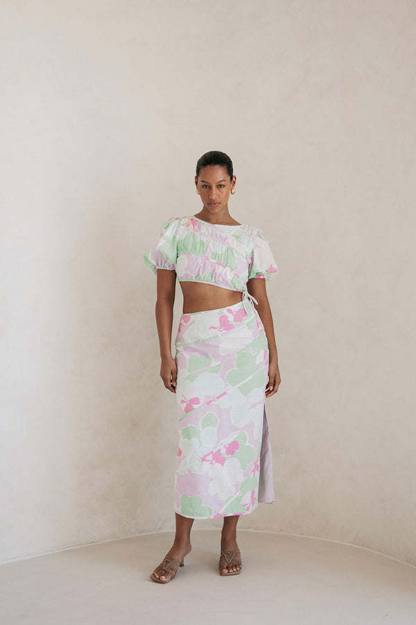 Elika Midi Split Skirt - Misty Floral Pink Purple Green