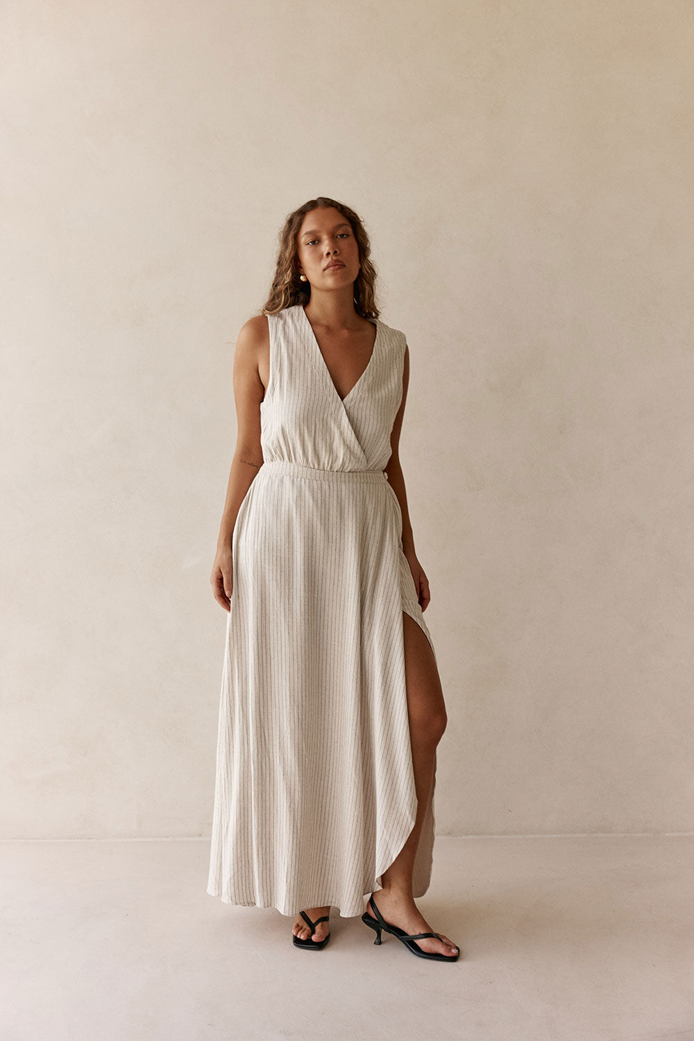 Beige and Black Pinstripe V Neck Maxi Cipriana Dress