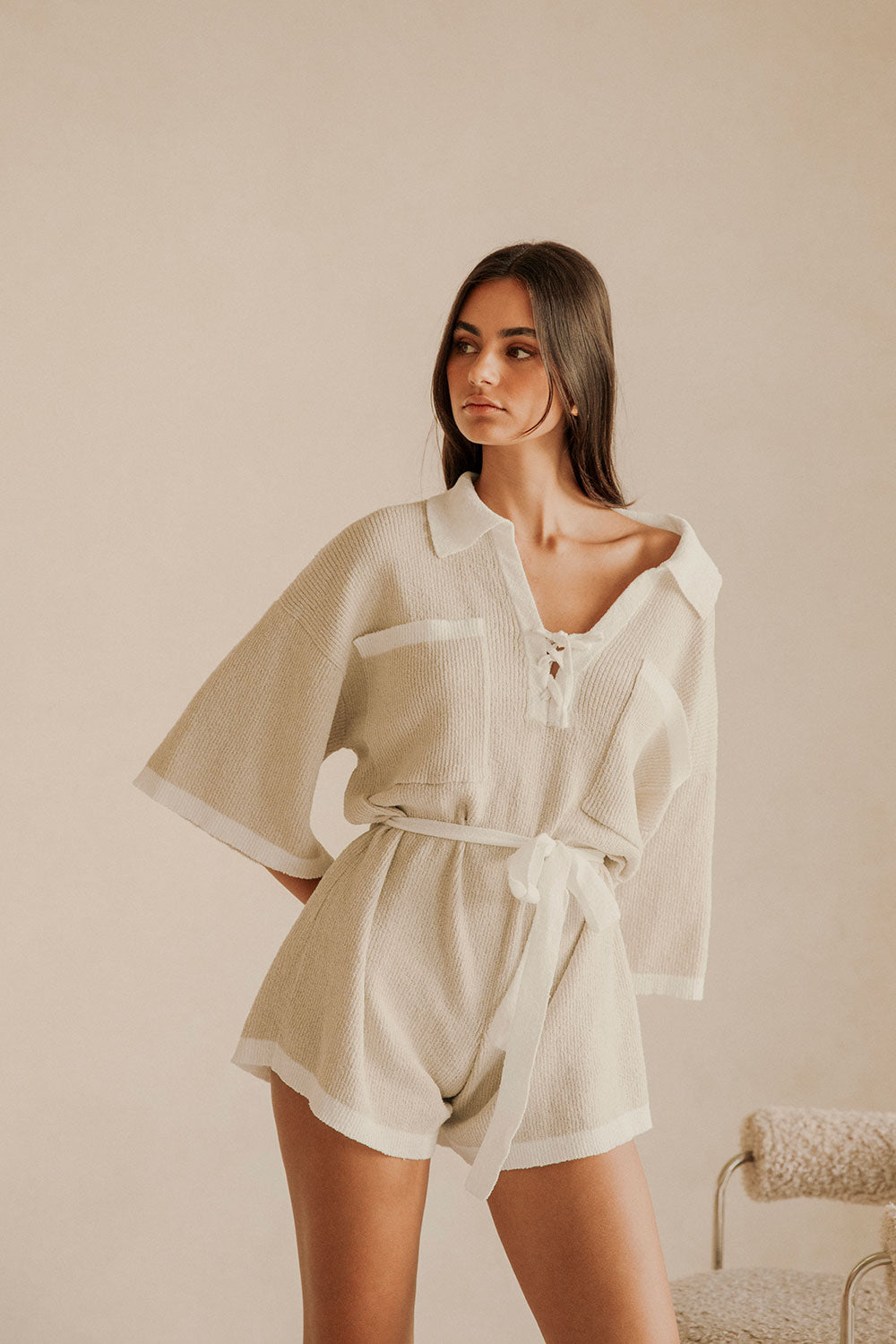 Taupe Grey Collared V Neck Tie Sammi Playsuit