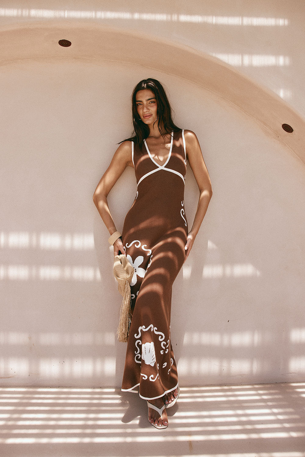 Emelia V Neckline Maxi Knit Dress - Brown, White