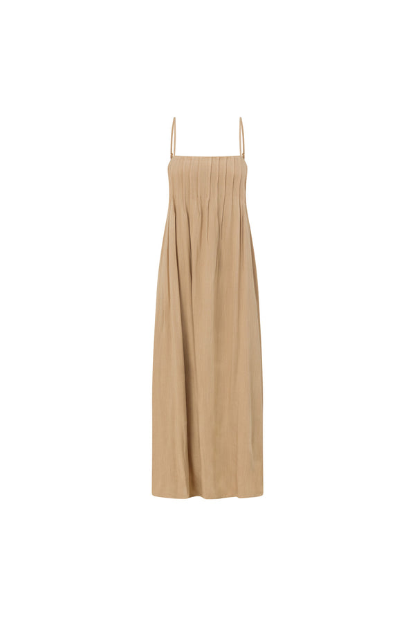 Tan Pin Tuck Pleat Maxi Ada Dress