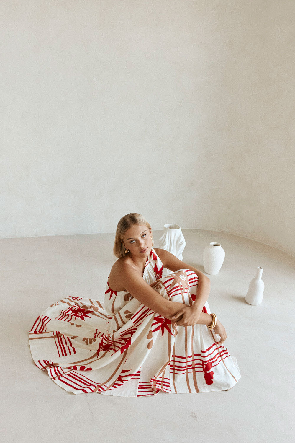 Cream Moana Red Print One Shoulder Maxi Avani Dress