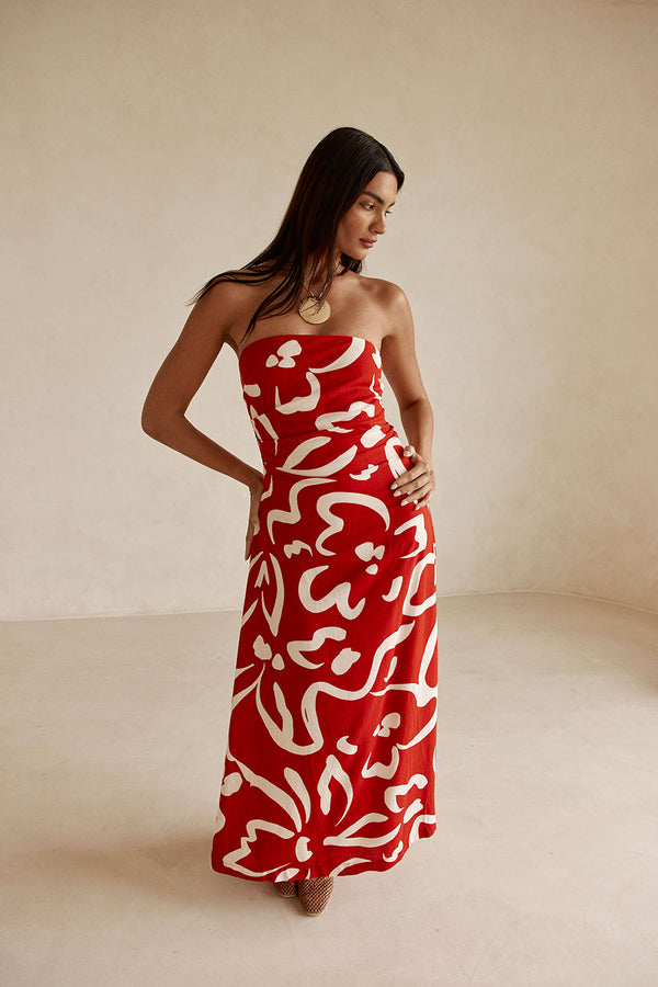 Red Fila Rogue Floral Print Strapless Maxi Liberty Dress