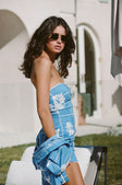 Amira Strapless Mini Dress - Postcard, Blue & White Check Flowers Print