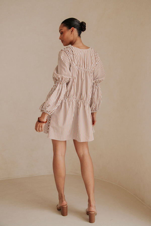 Naloo Long Sleeve Tie Mini Dress - Brown, White Stripe