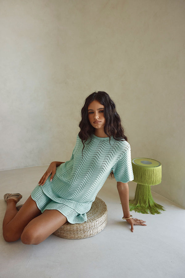 Mint Green Crochet Knit Short Sleeve Leah Top