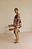 Cream and Brown Painted Tiles Print Button Scarlet Top