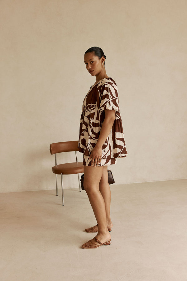 Cream and Brown Painted Tiles Print Button Scarlet Top