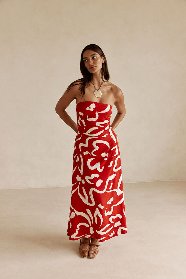 Red Fila Rogue Floral Print Strapless Maxi Liberty Dress
