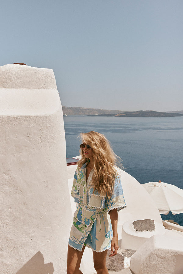 Diaz Mini Wrap Skirt - Theotokos Ocean Blue White Green