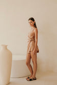 Sweeney Thin Strap Wrap Overlay Backless Mini Dress - Brown