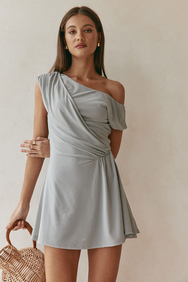 Grey One Shoulder Ruched Mini Dally Dress