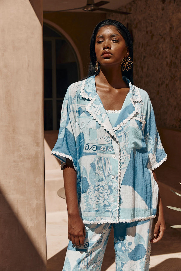 Vaso Blue Boxy Button Up Collar Kelia Shirt