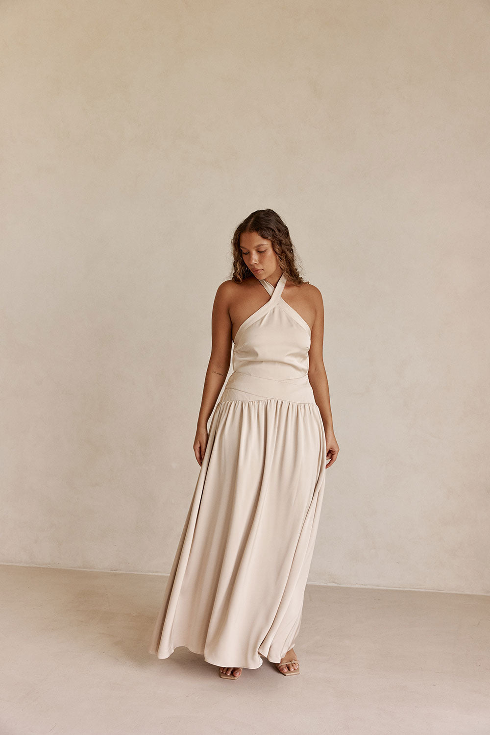 Beige Silky Halter Maxi Rani Dress