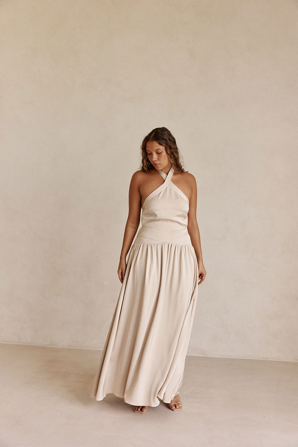Beige Silky Halter Maxi Rani Dress