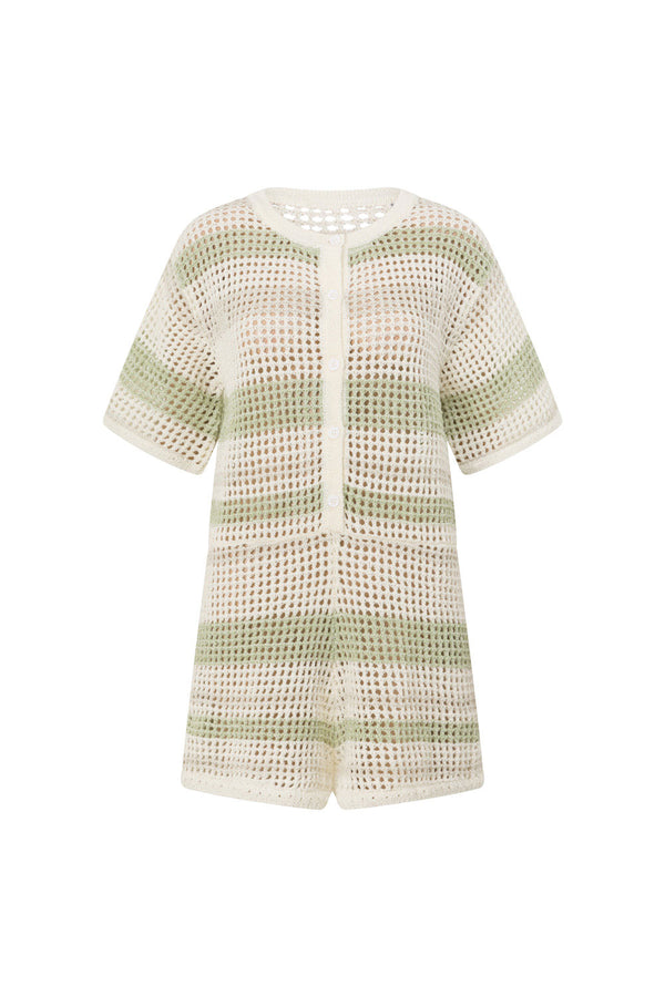 Easton Short Sleeve Button Up Knit Playsuit - Cream, Green Grey Stripe