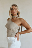 Beige Ribbed Asymmetric Neck Tie Mourno Top